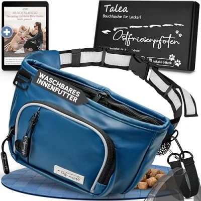 Abbildung von Ostfriesenpfoten® Leckerli Bauchtasche &#039;Talea&#039; für Hunde aus Kunstleder mit Einhandmagnetverschluss Leckerlibeutel inkl. wechselbarem Innenfutter Hundezubehör Dunkelblau