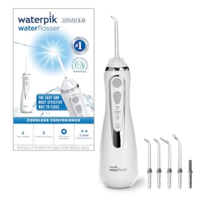 Abbildung von Waterpik Kabellose Munddusche Advanced, 4 Aufsätze, 3,1 5,2 bar Druckbereich, 3 Druckeinstellungen, Induktionsladesystem, Weiß