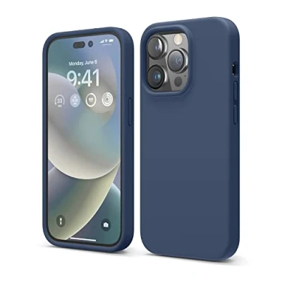 Abbildung von elago Schutzhülle für iPhone 14 Pro, Flüssigsilikon Hülle, Ganzkörper Schutzhülle, stoßfest, schlanke Handyhülle, kratzfestes weiches Mikrofaserfutter, 6,1 Zoll (Jean Indigo)