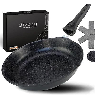 Abbildung von DIVORY große Pfanne 28cm I Abnehmbarer Griff, Induktion, beschichtet, Aluminium Bratpfanne groß + Pfannenschoner Induktionspfanne