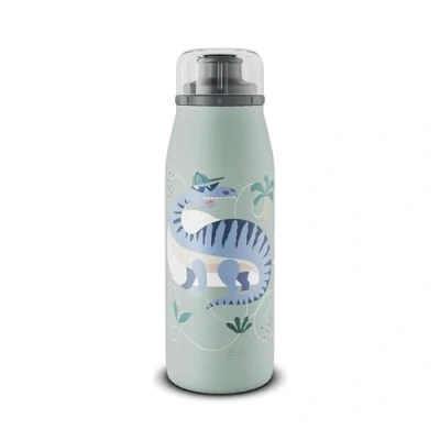 Abbildung von alfi KIDS ISO BOTTLE 350ml, grün mit Dinos, Isoliertrinkflasche Kinder Edelstahl, absolut dichter Drehverschluss, hält 12 Std. heiß, 24 kalt, Trinkflasche für Kohlensäure, BPA frei