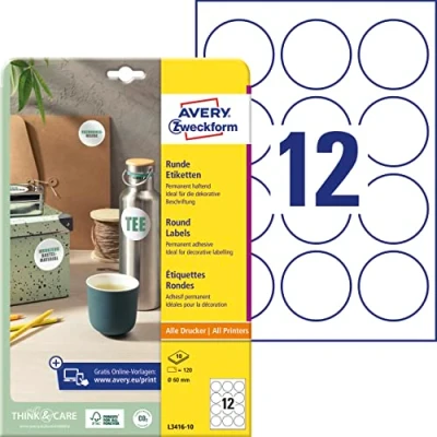Abbildung von AVERY Zweckform L3416 10 runde Etiketten (120 Klebepunkte, Ø60mm auf A4, Aufkleber zum Bedrucken, selbstklebende Produktetiketten, permanent haftende Marmeladenetiketten) Blatt, weiß