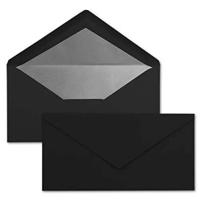 Abbildung von 50 Brief Umschläge DIN Lang Schwarz mit Silber Metallic Innen Futter 110 x 220 mm Nassklebung festliche Kuverts für Weihnachten