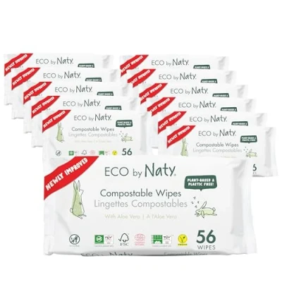 Abbildung von Eco by Naty plastikfreie Aloe Vera Baby Feuchttücher 100 % kompostierbare und pflanzliche Tücher, gut für Babys die empfindliche Haut von Neugeborenen (12 x 56 672 Stück)