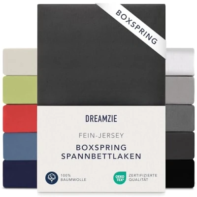 Abbildung von Dreamzie Premium Spannbettlaken 180x200 cm 200x200 37cm Seitenhöhe auch für Boxspringbett &amp; Wasserbett Bettlaken 100% Jersey Baumwolle, 150 g/m² Oeko TEX Schwarz