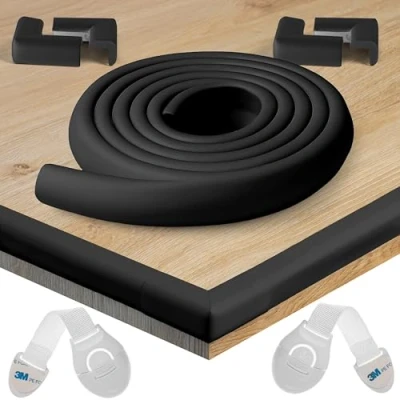 Abbildung von HAPPY CHLEA® Kantenschutz Baby und 4 Eckenschutz aus Schaumstoff. Tischkantenschutz Eckenschützer: 2,4 M gesamt für Tisch Möbel Ecken. 2 Schubladensicherung. Zertifikat (Schwarz)