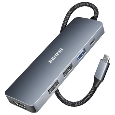 Abbildung von BENFEI USB C Hub 5in1, Multiport Adapter mit 4K HDMI/PD 100W / 3*USB A Datenports 5Gbps [Silikon/gewebtes Design, Aluminiumgehäuse] für MacBook Pro/Air, iPad Pro, iMac, iPhone 15 Serie, XPS