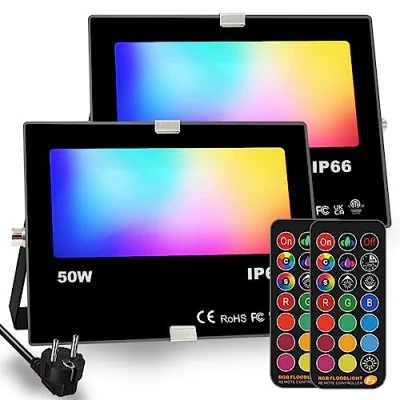 Abbildung von HEKEE Led Strahler Außen, Farbwechsel, DIY Blitzmodus, RGB Fluter 12 Farben, Timer, Fernbedienung inklusive, IP66 wasserdicht (2 Packungen)