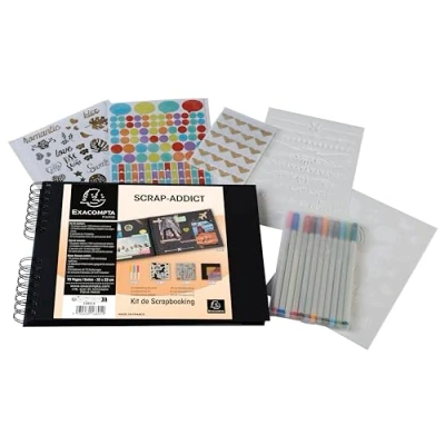 Abbildung von Exacompta16801E Scrapbooking Kit SCRAP ADDICT spiralgebundenes Album 70 schwarze Seiten Format 32 x 22 cm 2 Schablonen 4 Bögen Sticker selbstklebende Ecken 12 Filzstifte