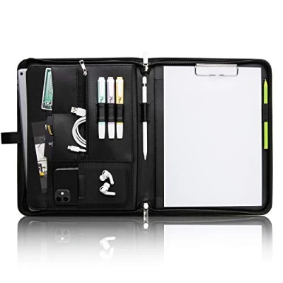 Abbildung von Vebon® Schreibmappe A4 groß Rom I Doppel Reißverschluss + Klemmbrett Konferenzmappe Laptoptasche extra Stauraum Schwarz Kunstleder