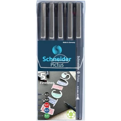 Abbildung von Schneider Pictus Fineliner (Strichstärken: 0,2 und 0,5 mm, dokumentenechte Pigmetliner, metallgefasste Spitze, Gehäuse aus 85% recyceltem Kunststoff) farbig sortiert, 5er Etui
