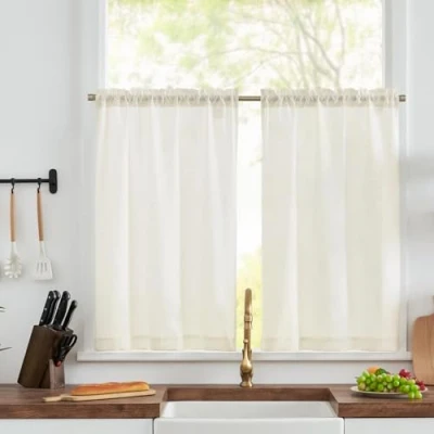 Abbildung von TOPICK Scheibengardine Leinen Bistrogardine Halbtransparent Vorhang Blickdicht Gardine Gaze Paarig Schals Scheibengardinen Fensterschal für Küche Wohnzimmer Landhaus 2er Set 65Bx115H(cm) Weiß