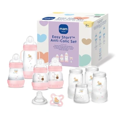 Abbildung von MAM Easy Start Anti Colic Starter Set, mitwachsende Baby Erstausstattung mit Schnuller, Flaschen &amp; Griffen, Geschenk ab Geburt, rosa