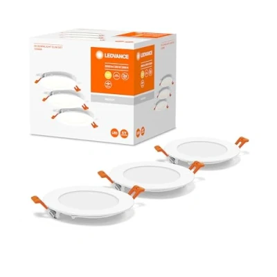 Abbildung von LEDVANCE Einbaustrahler Weiß, Slim Downlight mit integriertem Treiber, LED Spotleuchte, Lichtfarbe warmweiß (3000K), 8W, 120mm, IP20, 3er Pack