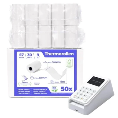 Abbildung von SWIPARO Ec Cash Thermorollen 57mm x 9m 12mm Kassenrollen Thermopapier Bonrollen für Bankomat Kredit Kartenlesegeräte 57x30x12 (50 STK.)