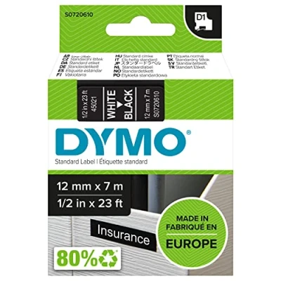 Abbildung von DYMO Original D1 Etikettenband, weiß auf schwarz, 12 mm x 7 m, selbstklebendes Schriftband, für LabelManager Beschriftungsgerät