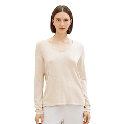Abbildung von TOM TAILOR Damen Basic Strickpullover mit V Ausschnitt, 20737 Desert Sand Melange, S