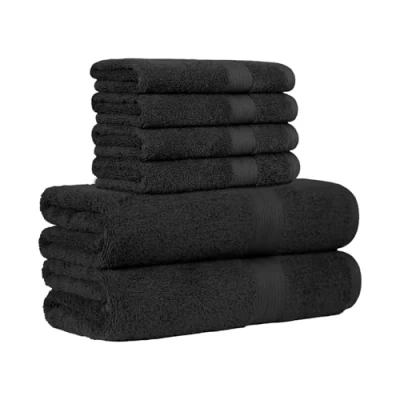 Abbildung von Amazon Basics 6 Stück Handtuch Set für Badezimmer, lichtbeständig, 100 % Baumwolle, weich und saugfähig, 2 Badetücher 4 Händehandtuch, Schwarz