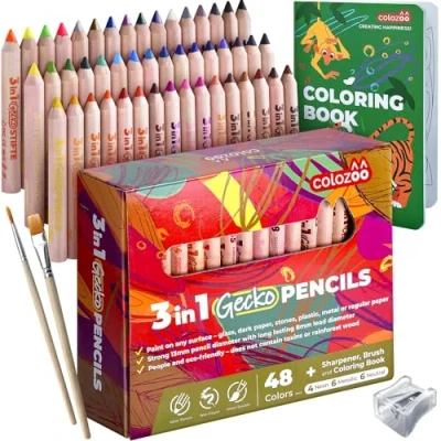 Abbildung von colozoo Gecko 3 In 1 Stifte Kinder Set 48 Kinderstifte inklusive 2 Pinsel, Anspitzer und Malbuch ab Jahre Ungiftige Vegane Dicke Buntstifte für Kleinkinder