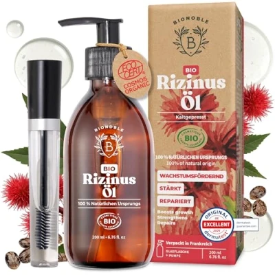 Abbildung von Bionoble Rizinusöl Bio 200ml 100% Rein, Natürlich, Kaltgepresst Wimpern, Augenbrauen, Haare, Bart, Nägel Vegan und Cruelty Free Castor Oil Glasflasche + Pumpe Mascara Kit