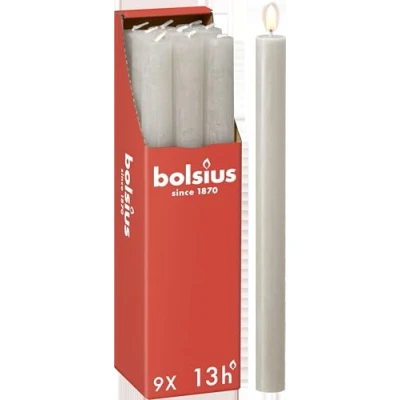 Abbildung von Bolsius Rustik Stabkerzen Hellgrau 9 Stück 27 x 2.3 cm Länge Brenndauer 13 Stunden Unparfümierte Enthält Natürliches Pflanzenwachs Ohne Palmöl