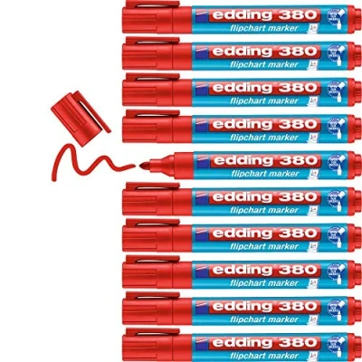 Abbildung von edding 380 Flipchart Marker rot 10 Stifte Rundspitze 1,5 3 mm Stift zum Schreiben, Zeichnen und Markieren auf Flipcharts Tinte schlägt nicht durch Papier trocknet aus farbintensiv