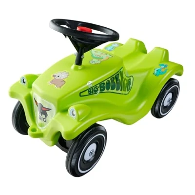 Abbildung von Big Bobby Car Classic Dino Rutschauto ab 1 Jahr im bunten Design mit schwarzem Sicherheits Lenkrad und Hupe, für Kinder 12 Monaten (bis 50 kg), grün Aufklebern