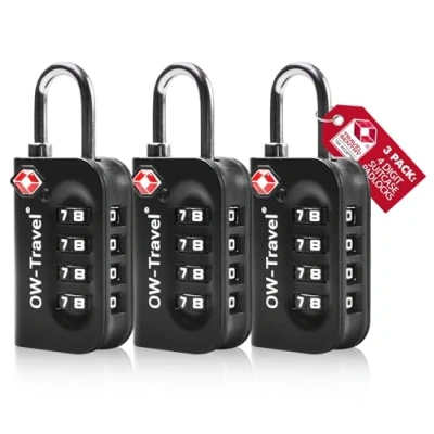 Abbildung von OW Travel Zahlenschloss 4 Stellig Kofferschloss Vorhängeschloss Gepäckschloss Sicherheitsschloss Diebstahl Sicheres Lock TSA USA Schloss Zahlencode für Reisekoffer Spind Rucksack Luggage:3 Schwarz