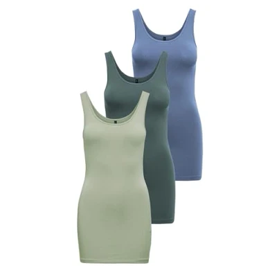 Abbildung von ONLY Damen Onllive Love Long Tank Top 3er Pack für Frauen, Desert Sage/Balsam Green/China Blue, XXL