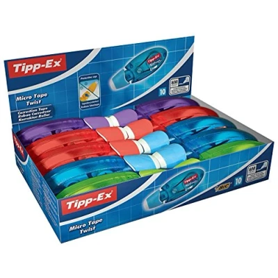 Abbildung von Tipp Ex Korrekturroller Micro Tape Twist mit Schutzkappe, in 4 Farben, 8m x 5 mm, 10er Pack, Ideal für das Büro, Home Office oder die Schule