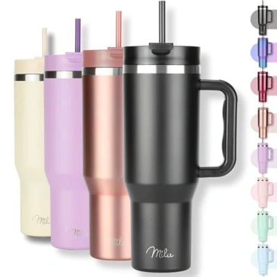 Abbildung von Milu Thermobecher 1200ml mit Strohhalm und Henkel 48h Eis/24h kalt/12h heiß Edelstahl Tumbler 40oz Griff Isolierbecher to go Isolierflasche Trinkflasche doppelwandig isoliert (Schwarz, 1,2L)