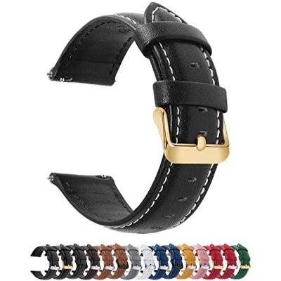 Abbildung von Fullmosa 12 Farben Uhrenarmband, Axus Serie Lederarmband Ersatz Watch Armband mit Edelstahl Metall Schließe für Herren Damen 22mm,Schwarz golden Schnalle