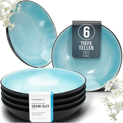 Abbildung von Steingut Frühstücksteller 6 Pers. Ibiza Hochwertiges Mediterranes TEST SEHR GUT Dessertteller Set Kuchenteller spülmaschinen und kratzfest Kleine Teller, Salatteller Pure Living in Aquamarin
