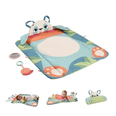 Abbildung von Fisher Price Rolli Roll Panda Spielmatte Große 3 in 1 zum Mitnehmen, kontrastreiches Muster, Knisterspielzeug und Spiegel, 90% recylcled, FSC zertifizierten Verpackung HKD65