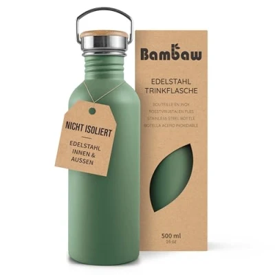 Abbildung von Bambaw Trinkflasche Edelstahl 500ml, Nicht isolierte Grün, Kinder Edelstahl, Fahrradflasche Metall Salbeigrün