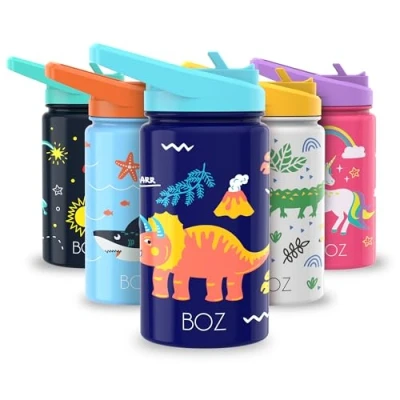 Abbildung von BOZ Kinder Trinkflasche Schule Kohlensäure Geeignet Auslaufsichere Edelstahl mit Strohalm Dinosaurier 400 ml