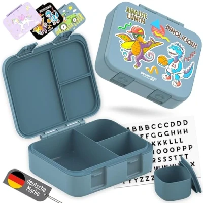 Abbildung von BEARFOOT Bento Box COMPACT BPA freie Kinder Brotdose für Schule &amp; Kindergarten Auslaufsichere Lunchbox Mädchen Jungen Praktisch, leicht kompakt (Dinos blau, 1.000ml)