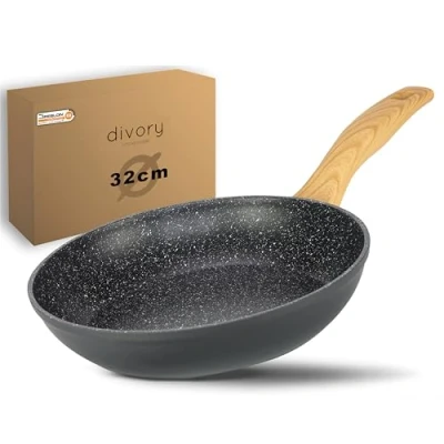 Abbildung von DIVORY Bratpfanne 32cm Induktion Antihaft Beschichtete große Universalpfanne für alle Herdarten Sichere Griffe, Spülmaschinen geeignet (Helles Holz, 32cm)
