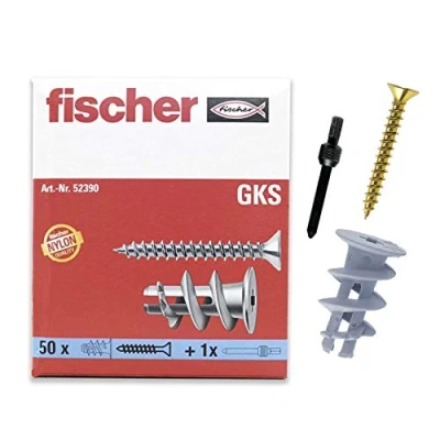 Abbildung von Fischer Gipskartondübel GK S mit Schraube, starker Gipskarton Dübel, selbstschneidendes Gewinde, einfache Montage in Gipskarton, Kreuzschlitz Antrieb, 50 Stück, Standard, Schraube