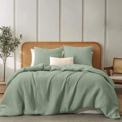 Abbildung von Dreamzie Musselin Bettwäsche 220x240 cm aus 100% Baumwolle Set mit 1 Bettbezug und 2 Kissenbezügen 80x80 Oeko Tex Reißverschluss Grün