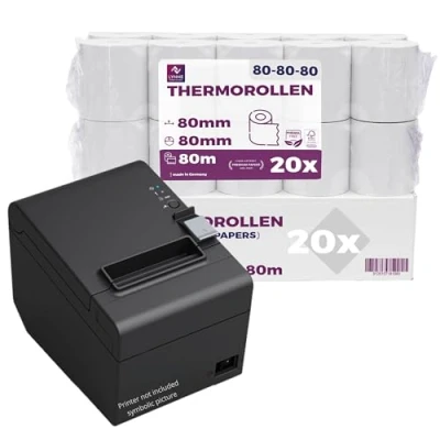 Abbildung von Thermorollen 80mm x 80m 12mm Kassenrollen Bonrollen für Registrierkasse Bondrucker Thermopapier BPA Frei (20 Rollen)