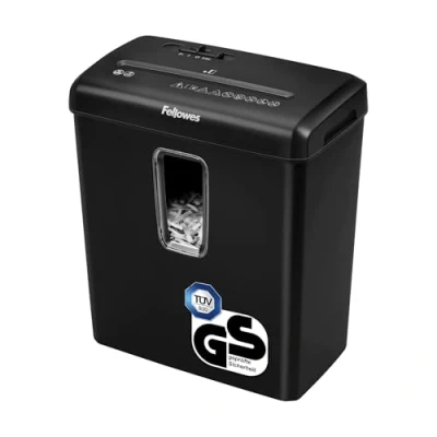 Abbildung von Fellowes Aktenvernichter 6 Blatt Partikelschnitt (P4), TÜV SÜD + GS zertifizierter Papierschredder Zuhause &amp; Homeoffice, Powershred FS 6C, Schredder 15L Papierkorb, Kreditkarten Heftklammern schwarz