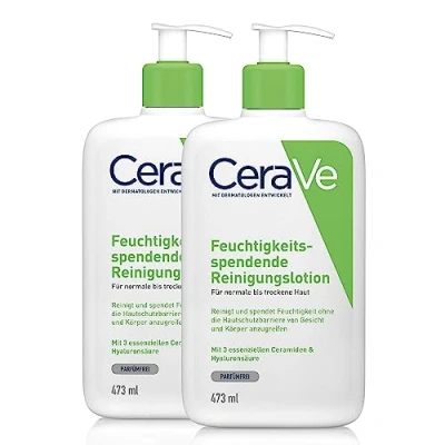Abbildung von CeraVe Feuchtigkeitsspendende Reinigungslotion Für Gesicht und Körper, Sanft reinigend ohne Schaum, normale bis trockene Haut, Mit Hyaluron 3 essenziellen Ceramiden, 2 x 473 ml