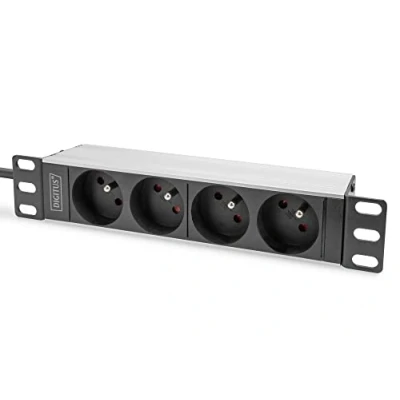 Abbildung von DIGITUS 4 Fach Steckdosenleiste 1HE 10 Zoll (254 mm) französisches Layout Rack Montage in Netzwerk Schrank Silber/Schwarz