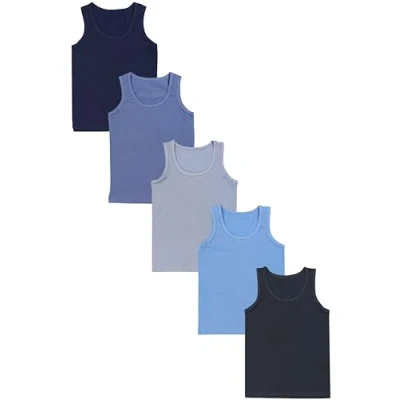 Abbildung von TupTam Unterhemden Jungen 5er Pack Ärmellose Kinder Unterhemden, Baumwolle, Bequem &amp; Atmungsaktiv, Farbe: Dunkelblau Anthrazit Indigo Blau Grau, Größe: 116 122