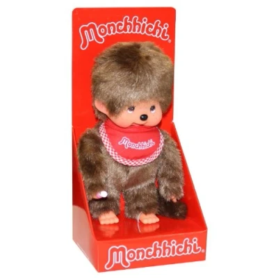 Abbildung von Sekiguchi 255010 Original Monchhichi Junge, Plüschfigur mit rotem Latz und Zöpfen Schleifen, ca. 20 cm großes Kuscheltier aus braunem Plüsch