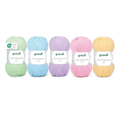 Abbildung von Gründl Wolle Lisa Premium uni 5 x 50 g Mix Strickgarn Häkelgarn 100% Polyacryl Superweich und Pflegeleicht Babygrün Blau Lila Rosa Gelb