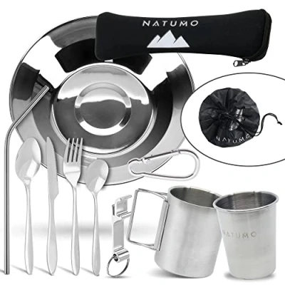 Abbildung von NATUMO® Outdoor Camping Besteck &amp; Geschirr Set, Edelstahl, 10 teiliges Trekking + Besteckset 1 Person, rostfrei