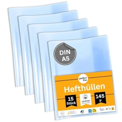 Abbildung von perfect line 15 Hefthüllen DIN A5, Glas Klar &amp; Extra Stark, Heftumschlag transparent, Heftschoner aus recyclebarem PP, dokumentenecht