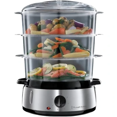 Abbildung von Russell Hobbs Dampfgarer [normale Größe] 9,0l (60 Minuten Timer + Abschaltautomatik, 3 spülmaschinengeeignete Dampfgarbehälter Reisschale / Reiskocher 6 Eierhalter /Eierkocher, BPA frei) 19270 56